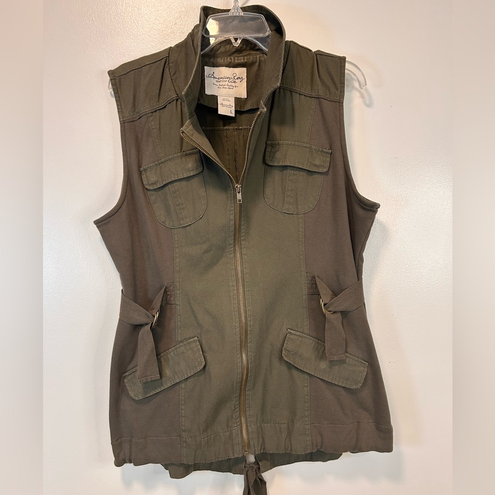 American Rag Utility Cargo Vest Olive Green Zipper Closure Women’s Size Large